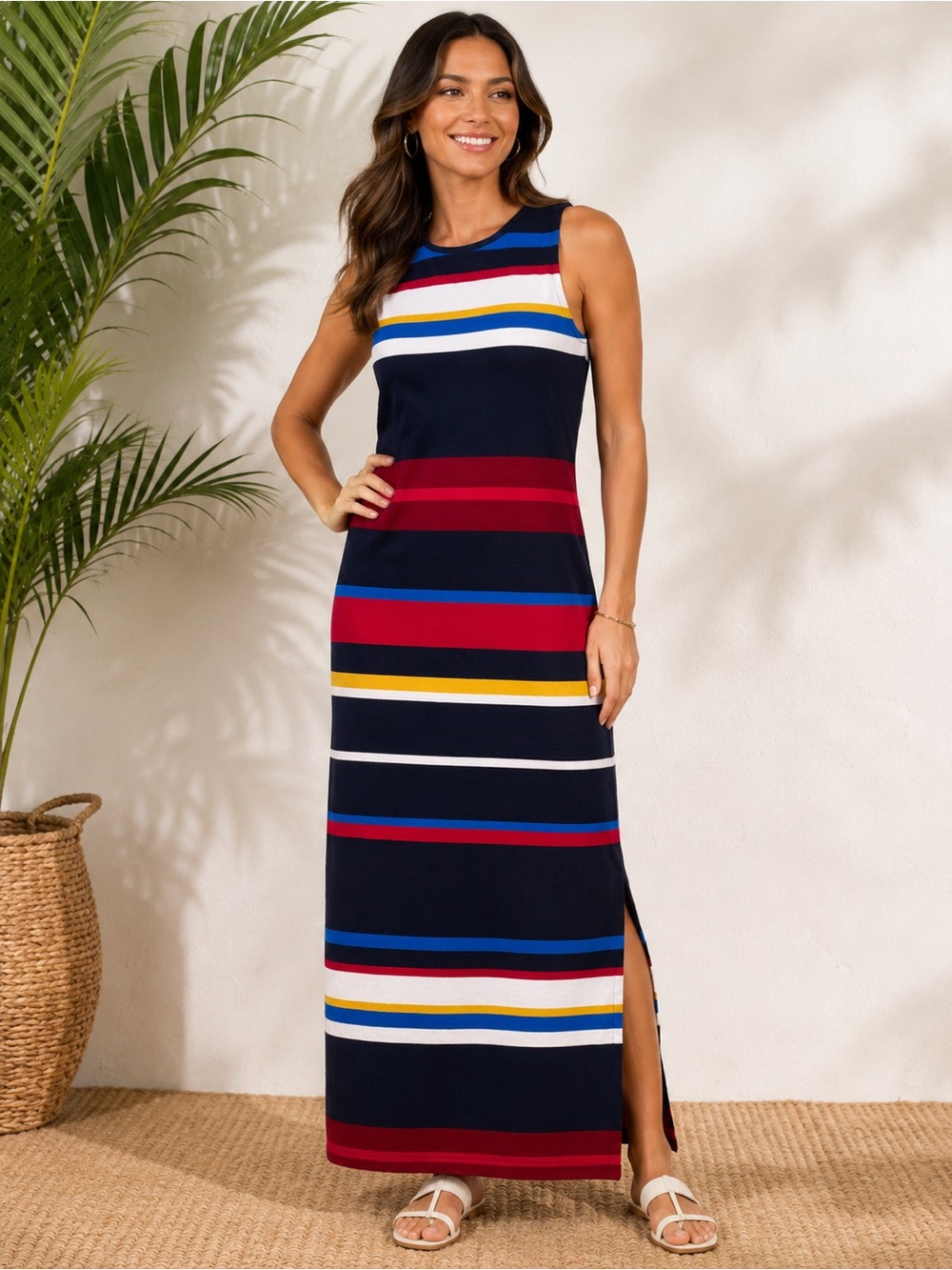 LOFT sleeveless maxi dress navy multicolor stripe knit MEDIUM coastal